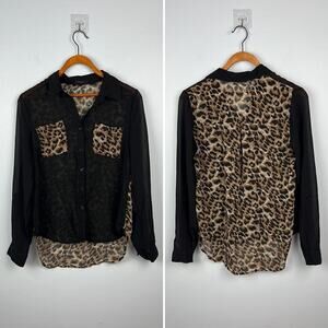 Edge small leopard print sheer button down front pocket blouse